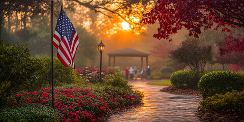 Garden Walkway with American Flag and Gazebo at Sunset