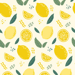 Lemons Seamless Pattern, Summer background. Vector Illustrations