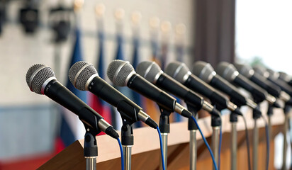 A Row of Microphones Ready for a Press Conference or Public Speaking Event