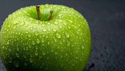 Fresh green apple covered in water droplets on a dark textured background