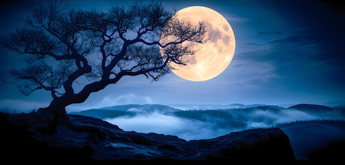 Fototapeta premium Full Moon Over Misty Mountains with Tree Silhouette