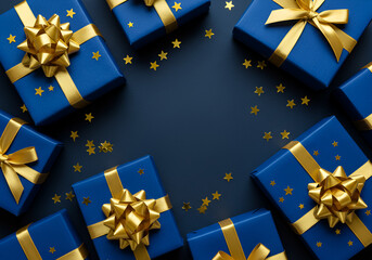 Festive Blue Gift Boxes with Gold Ribbons: Elegant Holiday or Celebration Scene Featuring Luxurious Packaging and Star Confetti on a Dark Blue Background