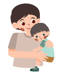 Father lovingly holding his small child, cartoon illustration, family love and tenderness.