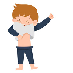 Cartoon boy struggling to pull shirt over head, eyes closed in effort, isolated.