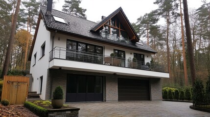 Modern Two-Story House Exterior View in Suburban Neighborhood with Forest Backdrop on Overcast Day
