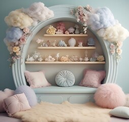 whimsical pastel nook with cloud shelves and 