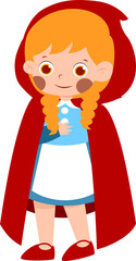 Ginger-haired girl in red hooded cloak, cartoon illustration, childlike innocence, fairytale character.