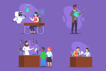 Students and educators engaged in various educational activities focused on STEM concepts, including interactive experiences with robots, experimentation, and collaborative learning