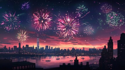 Fototapeta premium The city skyline is transformed by a stunning light painting of fireworks.