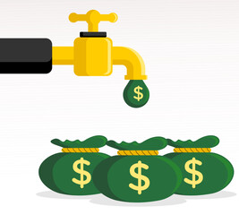 the water tap drips money and is collected with a money sack