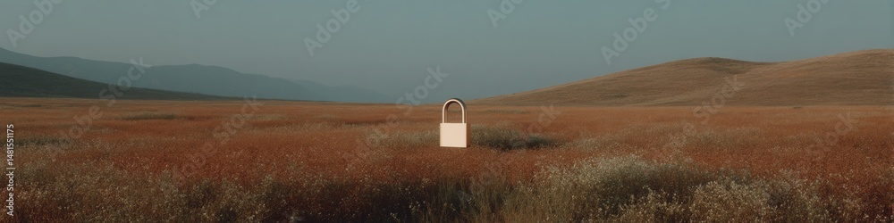 Poster minimalist cybersecurity metaphor ethereal padlock symbolizing digital protection amidst expansive g