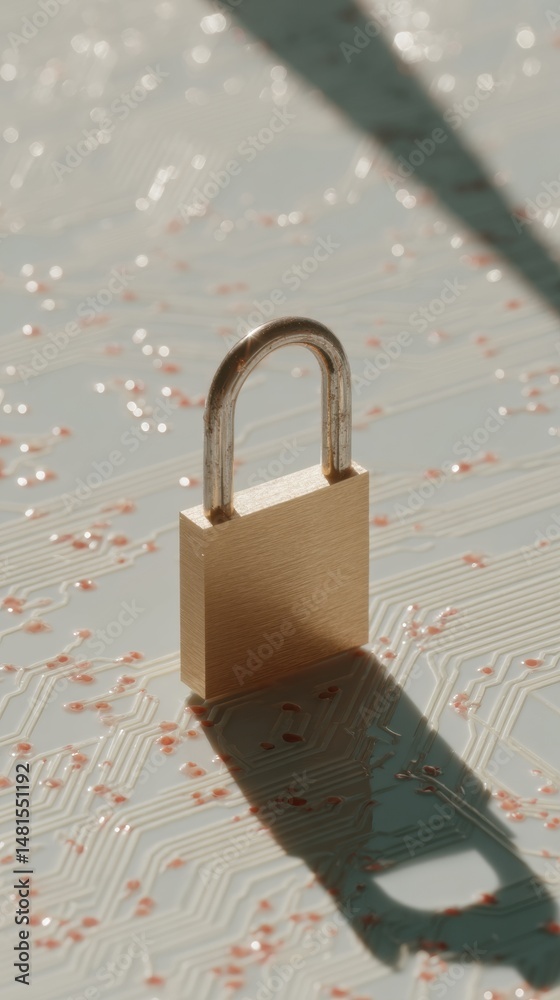 Poster quantum cybersecurity paradigm minimalist brass padlock on ethereal circuit board - next-gen digital