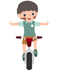 Joyful Child on Bicycle, Arms Outstretched, Cartoon Illustration.