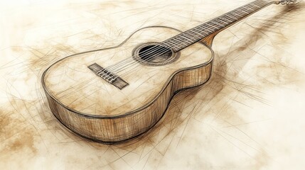 Fototapeta premium Classical guitar sketch, music design, parchment background, website banner