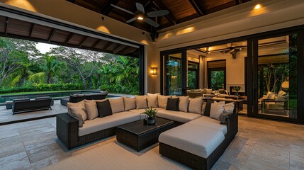 Fototapeta premium Luxurious outdoor living room space offers amazing views of nature outside