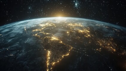 Obraz premium Earth at dawn, continents lit by city lights, seen from space