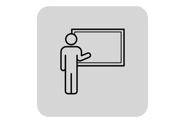 Simple line icon of educator presenting information in front of classroom board. Teaching and learning in educational setting concept