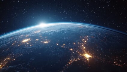 Earth seen from space, vibrant city lights dotting the surface, sunrise in the distance