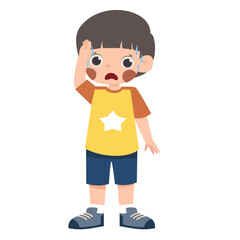 Anxious boy sweating, hand to forehead, cartoon illustration.