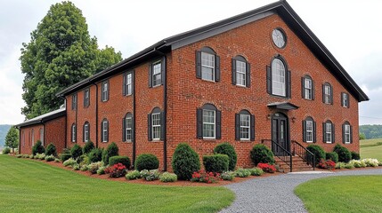 Fototapeta premium Red Brick House with Black Shutters and Landscaped Garden
