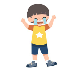 Cartoon Boy Crying, Arms Raised, Tears Streaming, Star Shirt, Isolated.