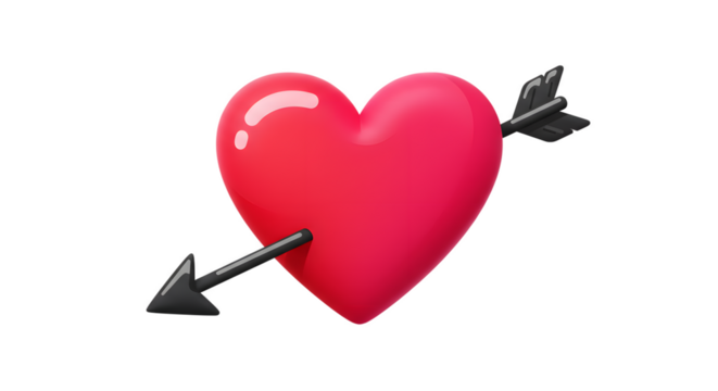 3D heart emoji pierced by a black arrow on white background, symbol of love, romance, and Valentine's Day