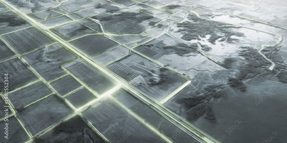 Aufkleber Quantum Terrain Analytics Futuristic Geospatial Mapping with Luminescent Neural Grid Visualization - Advanced Environmental Intelligence for Climate Resilience and Land Management