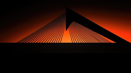 A silhouetted geometric form with suspended lines and vibrant orange hues