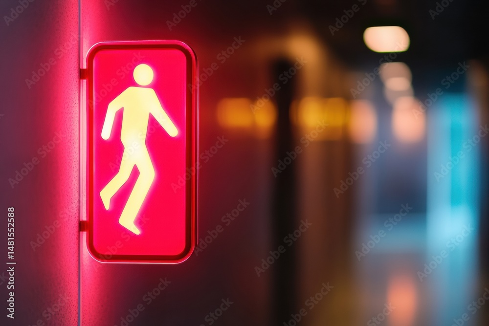 Poster cyberpunk safety design neon emergency exit sign with luminescent wayfinding iconography - modern wo