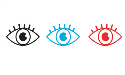 Modern Flat Line Icon Set of Human Eyes in Black, Blue, and Red, Simple Vector Graphic for Vision, Surveillance, and Observation Concepts, Minimalist Design for UI/UX and Digital Art