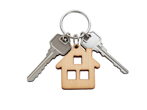 New house keys wooden home keychain real estate concept image lock rent on transparent background