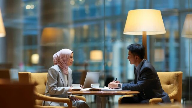 Business meeting in a modern caf&eacute; between a hijabi woman and a professional man, discussing strategy and collaboration over coffee.

