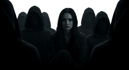 Woman Surrounded by Hooded Figures in Darkness

