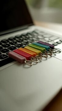 Close up of colorful polymer clay keychain crafts placed on the keyboard of a silver laptop computer in a bright setting