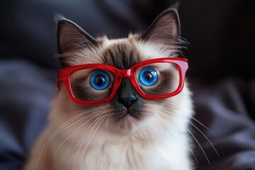 World Cat Day, serious domestic gray cat with glasses, vision check, ophthalmology salon, veterinary clinic, blue background,Fashion red tabby cat wearing sunglasses posing indoor on a blue background