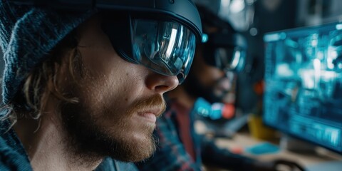 A team of software developers wearing VR headsets in a digital workspace, collaborating and testing virtual interfaces in a modern office. Image conveys futuristic teamwork and digital innovation.