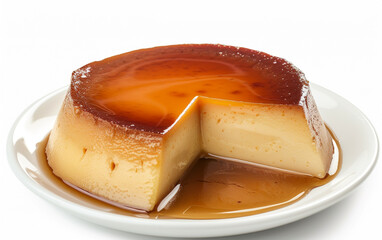 Creamy flan with a rich caramel topping on a white plate. A classic custard dessert.
