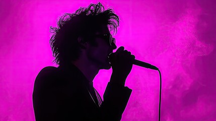 A Silhouetted Performer Singing Into a Microphone on Stage