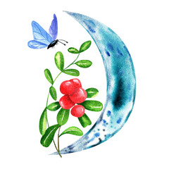Watercolor illustration with moon and blueberries,  dragonflies, butterflies. Moon phase isolated on white background