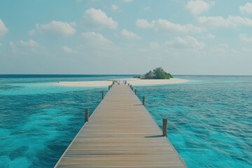 Obraz premium Tranquil wooden walkway to a tropical island paradise