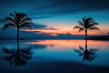 Sunset over tranquil pool, palm trees
