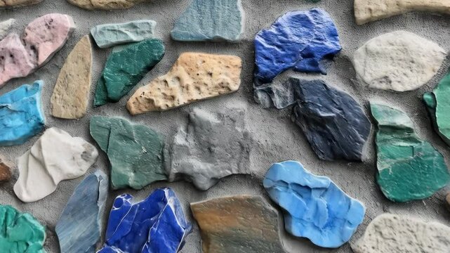 Artistic stone cladding on a wall featuring different colored rock pieces forming an abstract pattern.