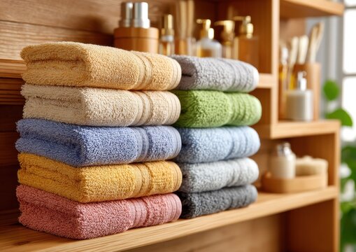 Stacked vibrant towels in a minimalist bathroom interior, placed on wooden shelves, reflecting comfort and home decor aesthetics.