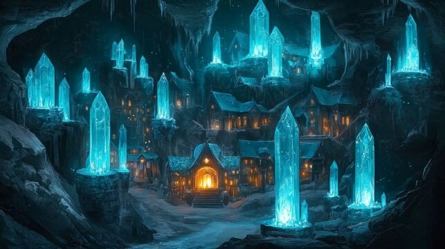 An enchanting underground city illuminated by radiant crystals. 