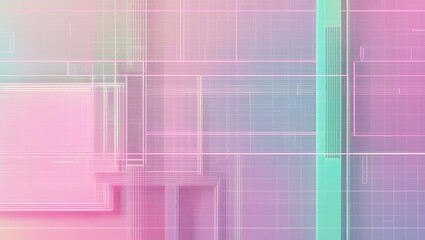 A modern abstract background featuring overlapping transparent geometric panels and lines in soft pastel neon hues of pink and blue, with a subtle grid overlay.