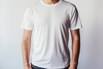 Realistic front view mockup of male model in plain white t-shirt on isolated white background, ideal for branding and apparel design showcase