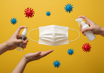 Protective Face Mask with Disinfectant Spray Bottles: Hygiene and Safety Measures Illustrated with Virus Particles on a Vibrant Yellow Background