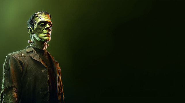 Frankenstein's monster standing upright with torn suit and greenish skin, dark gradient background from dark green to black - Powered by Adobe
