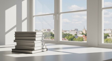 Fototapeta premium Stack of Books on a Bright Windowsill with City View Outdoors
