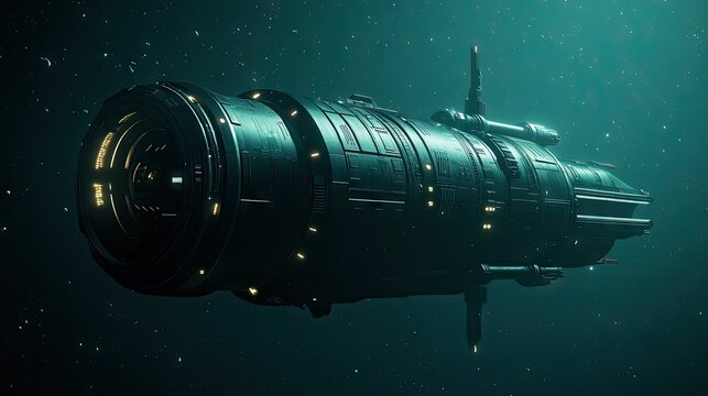 A massive futuristic spaceship floats through the vast expanse of space